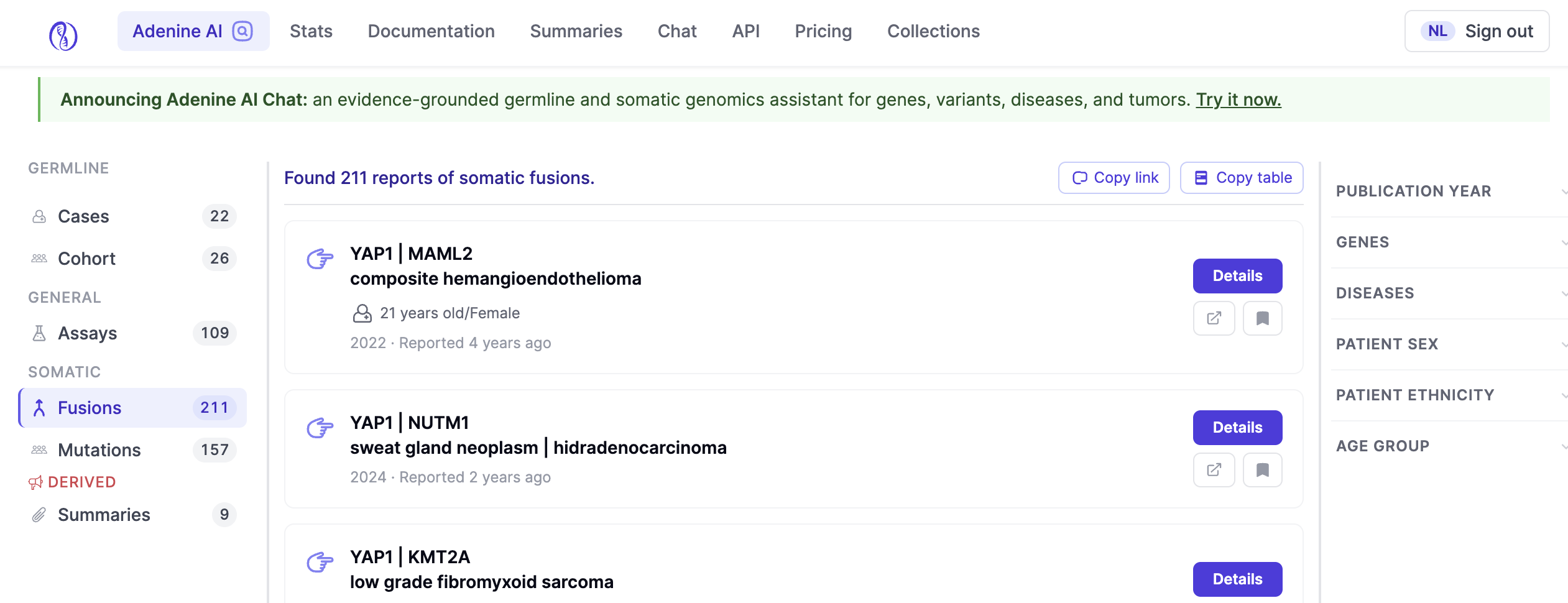 Adenine AI search showing category counts for germline and somatic evidence and reports of somatic fusions